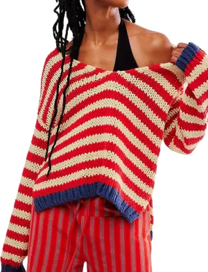hathne Women's Oversized Striped Sweaters Pullover Fall Knitwear V Neck Color Block Sweaters Tops