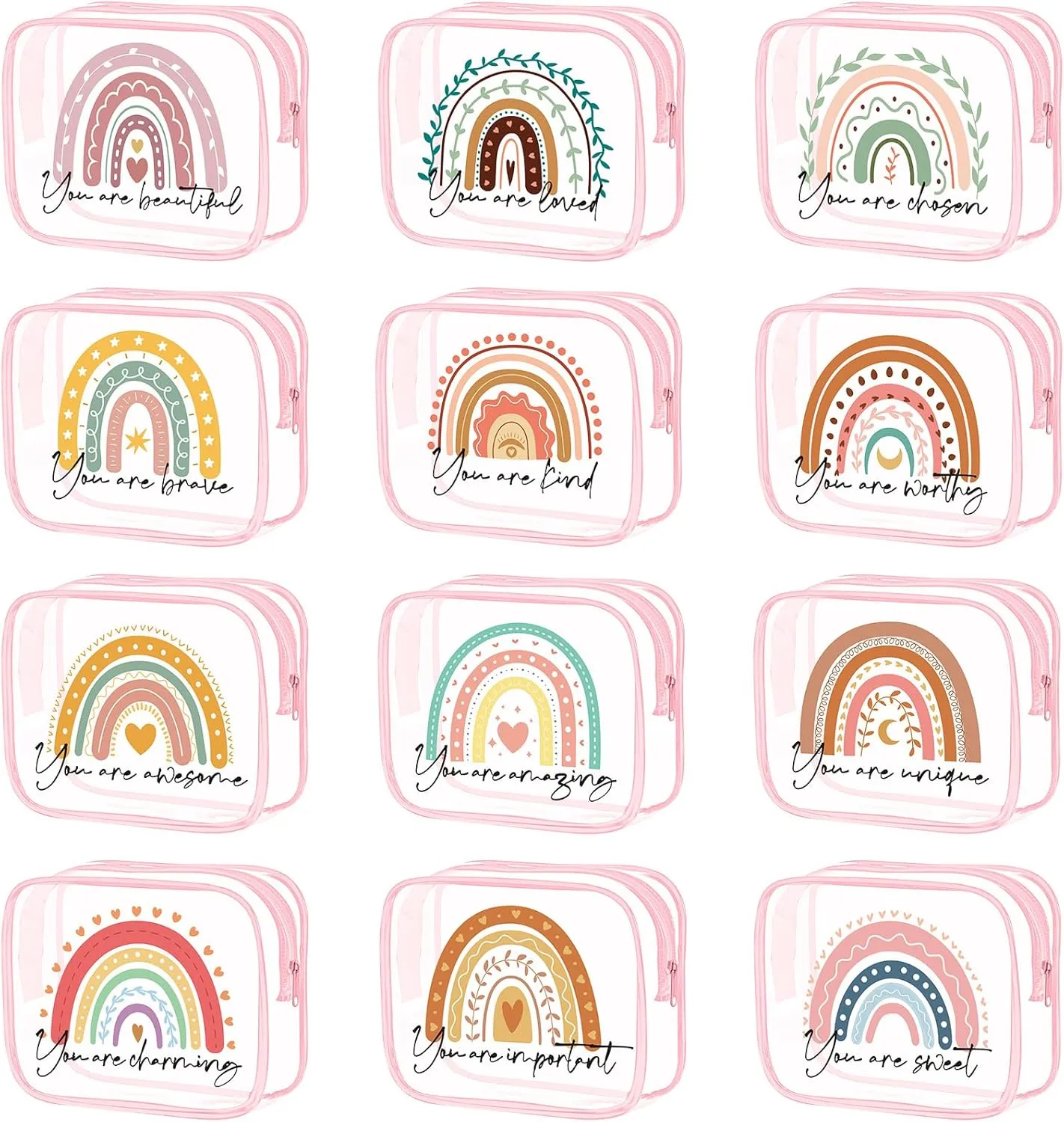Hillban 12 Pcs Rainbow Clear Makeup Bag for Women Inspirational Quotes PVC Waterproof Cosmetic Bags Encouragement Travel Toiletry Pouch for Graduation Teacher Student Nurse Gifts(Pink)