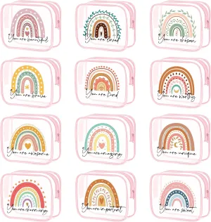 Hillban 12 Pcs Rainbow Clear Makeup Bag for Women Inspirational Quotes PVC Waterproof Cosmetic Bags Encouragement Travel Toiletry Pouch for Graduation Teacher Student Nurse Gifts(Pink)