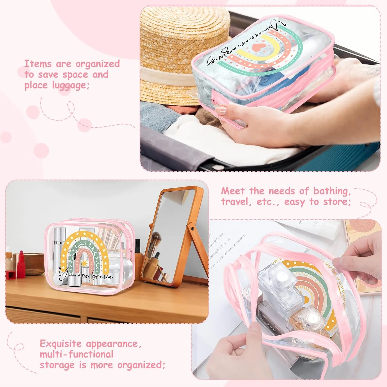 Hillban 12 Pcs Rainbow Clear Makeup Bag for Women Inspirational Quotes PVC Waterproof Cosmetic Bags Encouragement Travel Toiletry Pouch for Graduation Teacher Student Nurse Gifts(Pink)