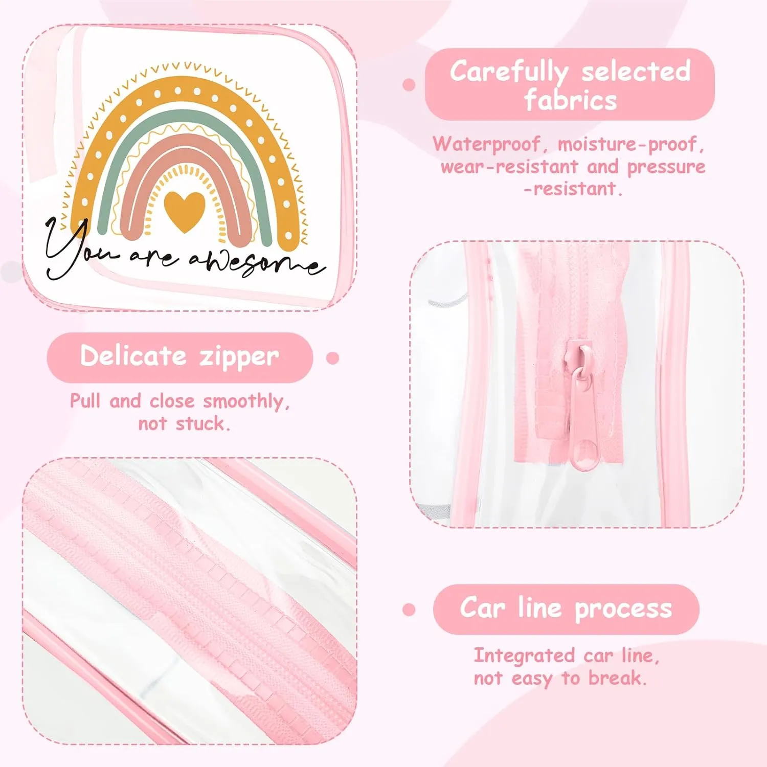 Hillban 12 Pcs Rainbow Clear Makeup Bag for Women Inspirational Quotes PVC Waterproof Cosmetic Bags Encouragement Travel Toiletry Pouch for Graduation Teacher Student Nurse Gifts(Pink)