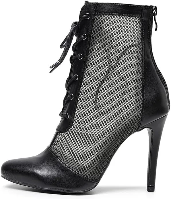 HIPPOSEUS Women's Heels Dance Boot Closed Toe High Heel Mesh Ankle Dance Shoes