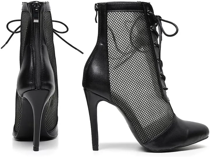 HIPPOSEUS Women's Heels Dance Boot Closed Toe High Heel Mesh Ankle Dance Shoes
