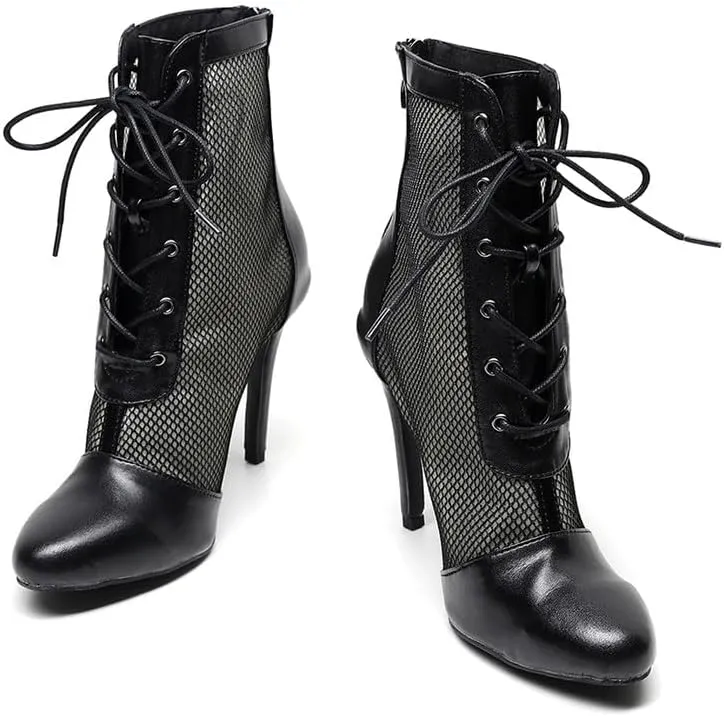 HIPPOSEUS Women's Heels Dance Boot Closed Toe High Heel Mesh Ankle Dance Shoes