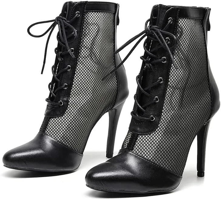 HIPPOSEUS Women's Heels Dance Boot Closed Toe High Heel Mesh Ankle Dance Shoes
