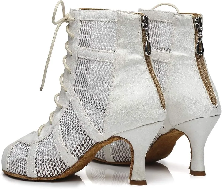 HIPPOSEUS Women's Lace-up Latin Dance Boots Mesh Salsa Bachata Ballroom Ankle Dance Shoes Open Toe Heels Dance Boot,Model L446