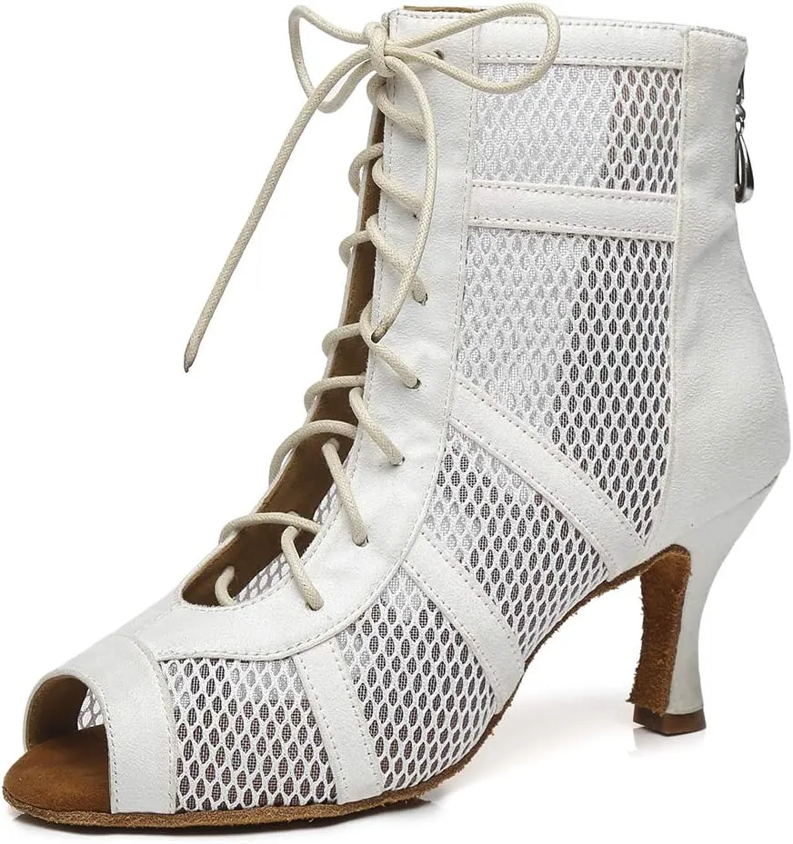 HIPPOSEUS Women's Lace-up Latin Dance Boots Mesh Salsa Bachata Ballroom Ankle Dance Shoes Open Toe Heels Dance Boot,Model L446