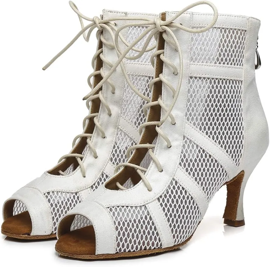 HIPPOSEUS Women's Lace-up Latin Dance Boots Mesh Salsa Bachata Ballroom Ankle Dance Shoes Open Toe Heels Dance Boot,Model L446