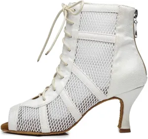 HIPPOSEUS Women's Lace-up Latin Dance Boots Mesh Salsa Bachata Ballroom Ankle Dance Shoes Open Toe Heels Dance Boot,Model L446