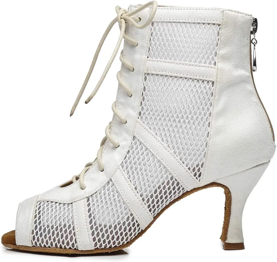 HIPPOSEUS Women's Lace-up Latin Dance Boots Mesh Salsa Bachata Ballroom Ankle Dance Shoes Open Toe Heels Dance Boot,Model L446