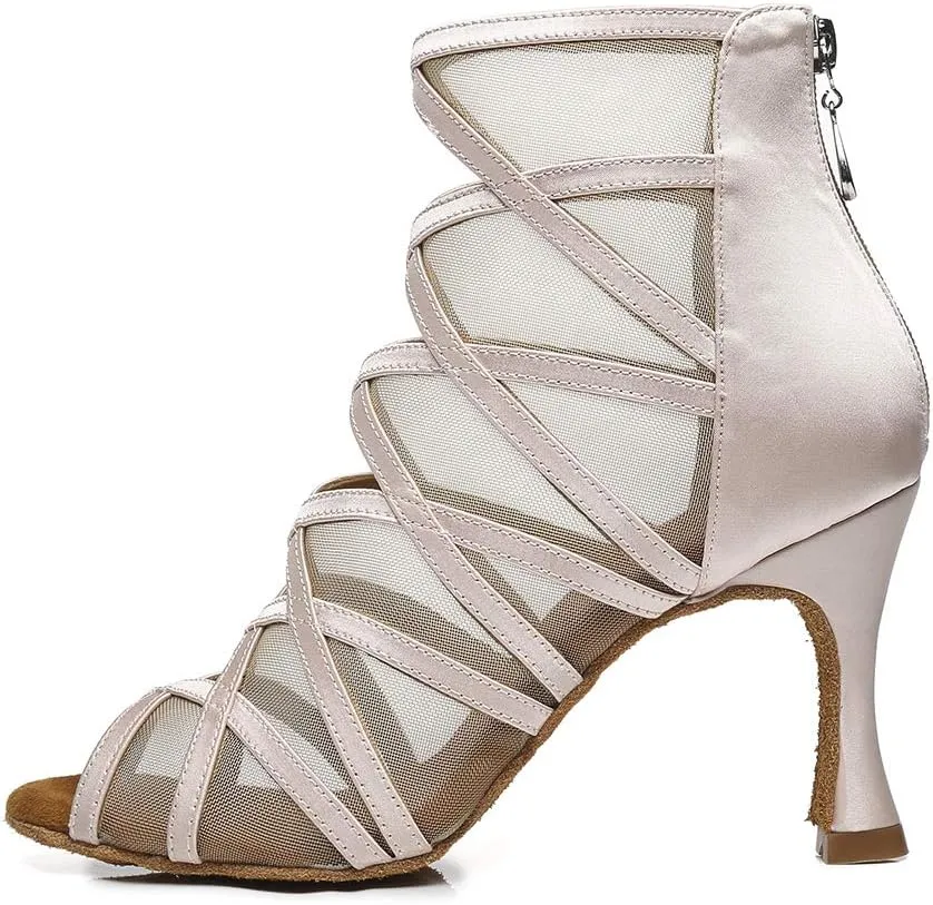 HROYL Open Toe Dancing Boots Women Latin Ballroom Dance Shoes for Performence Practice Wedding Ballroom Party,Model-445