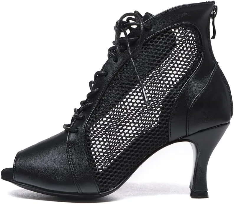 HROYL Women Open Toe Dance Boots with Lace-up Latin Salsa Ballrooom Performence Practice Dance Shoes,Model L542