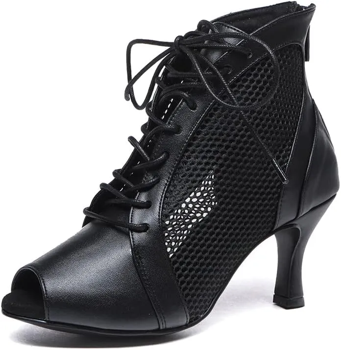 HROYL Women Open Toe Dance Boots with Lace-up Latin Salsa Ballrooom Performence Practice Dance Shoes,Model L542
