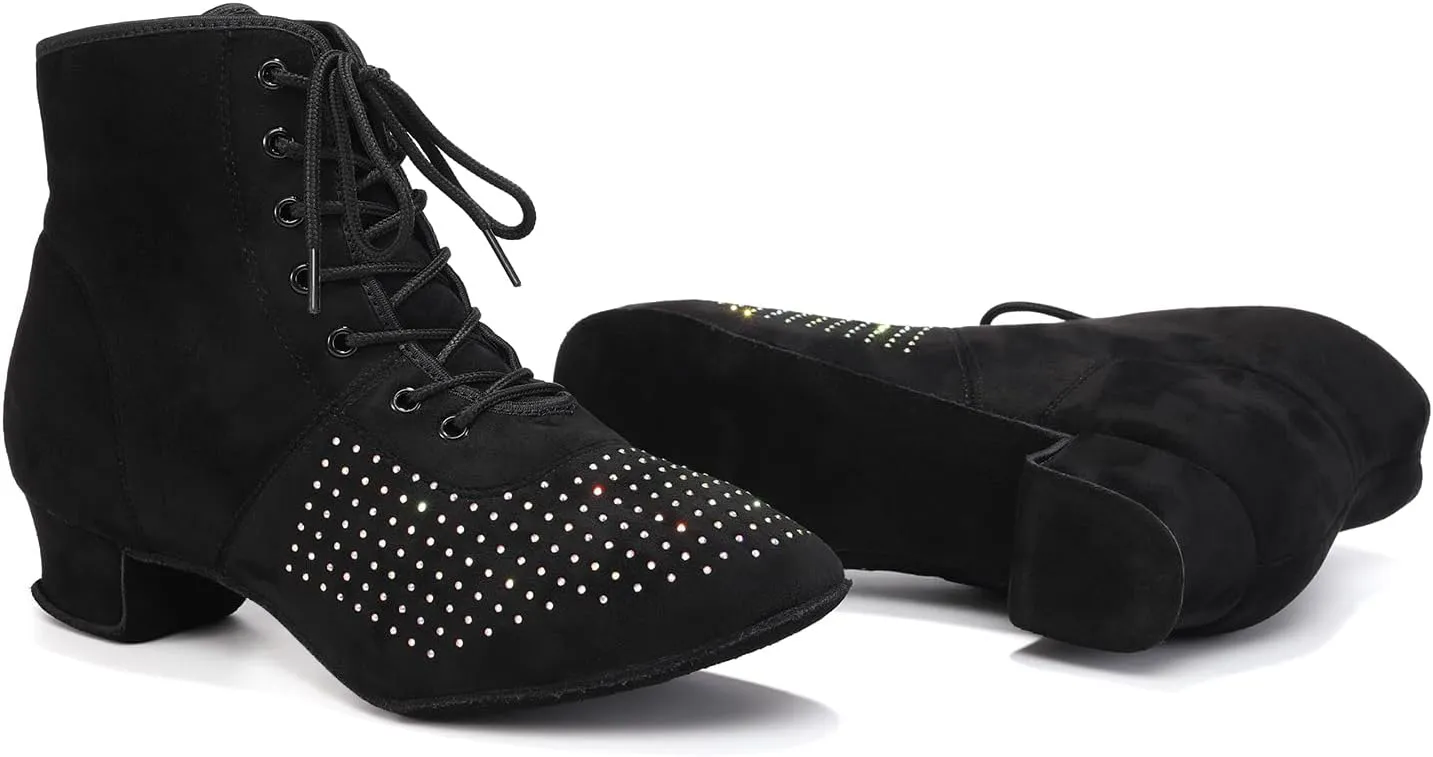 HROYL Women's Latin Dance Boots Low Heel Close Toe Ballroom Tango Performance Practice Teaching Dancing Shoes,LHD-GBNJB