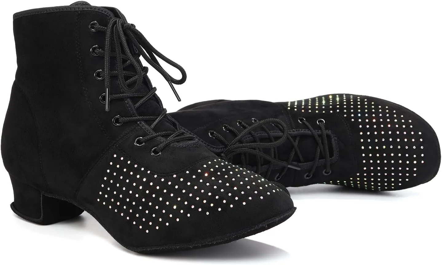 HROYL Women's Latin Dance Boots Low Heel Close Toe Ballroom Tango Performance Practice Teaching Dancing Shoes,LHD-GBNJB