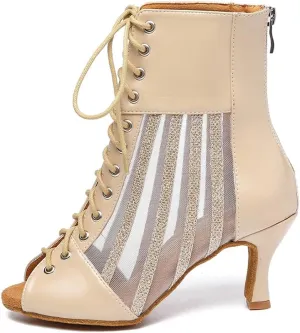 HROYL Women's Mesh Customized Heel Dance Boots Lace-up Latin Salsa Jazz Ballroom Dance Shoes,Model YCL572