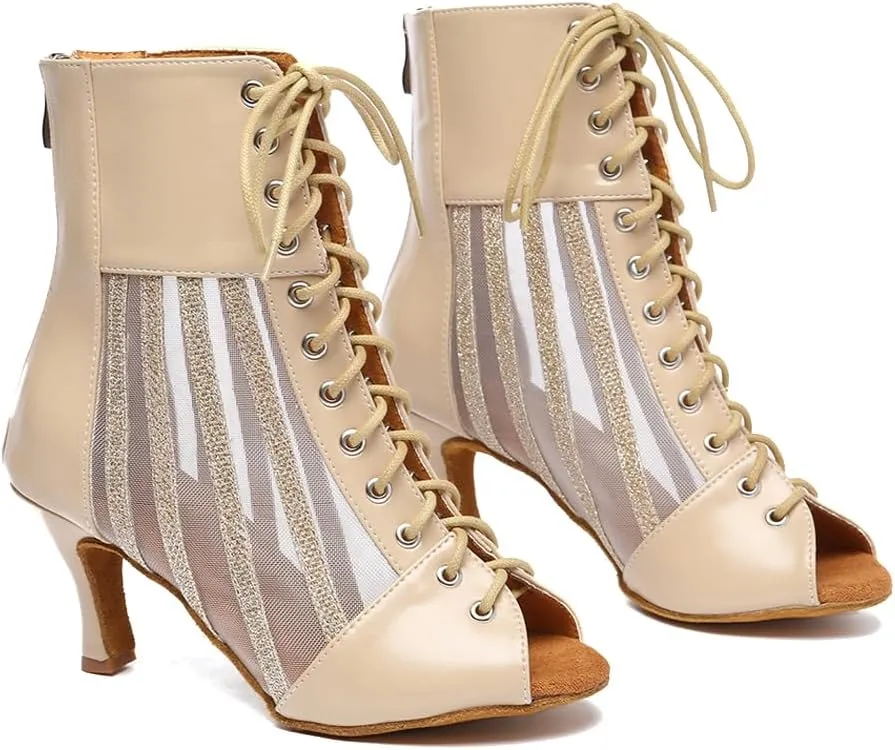 HROYL Women's Mesh Customized Heel Dance Boots Lace-up Latin Salsa Jazz Ballroom Dance Shoes,Model YCL572