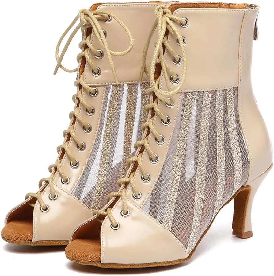 HROYL Women's Mesh Customized Heel Dance Boots Lace-up Latin Salsa Jazz Ballroom Dance Shoes,Model YCL572