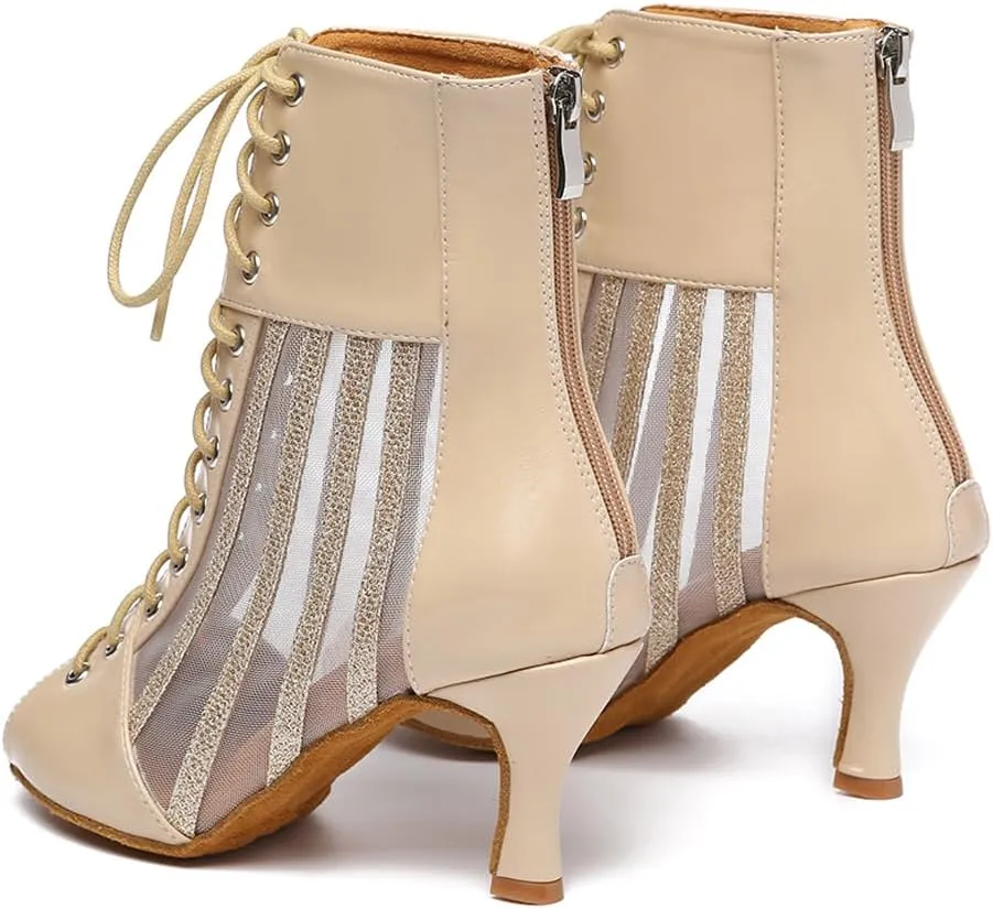 HROYL Women's Mesh Customized Heel Dance Boots Lace-up Latin Salsa Jazz Ballroom Dance Shoes,Model YCL572