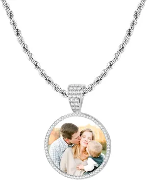 ICED PHOTO PENDANT W/ROPE CHAIN Picture Necklace Personalized Photo Blank Pendants Charms Necklace Custom Picture Necklaces Round/Heart/Angel Wings Rhinestone Bezel Pendant Trays for Jewelry