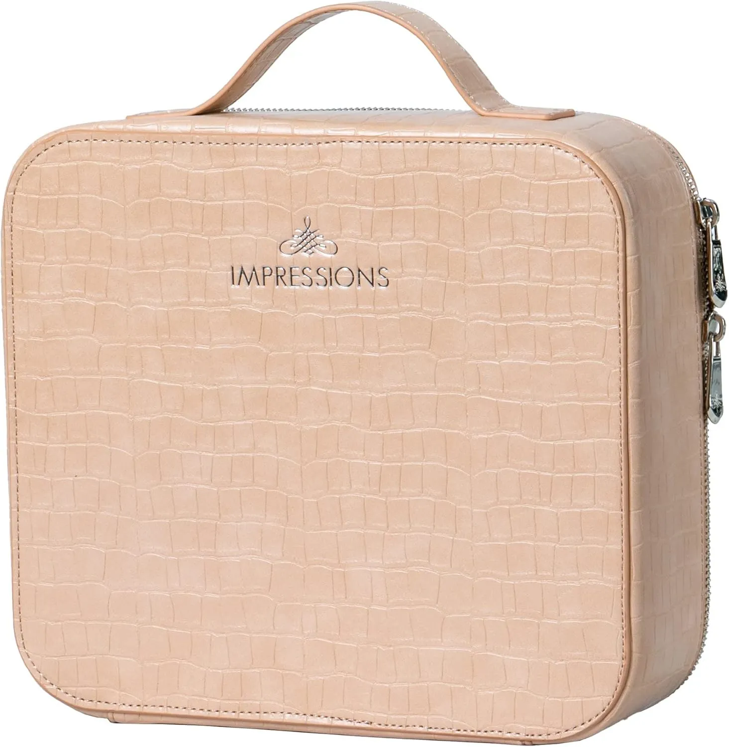 Impressions Vanity Liane V. Travel Makeup Bag, Cosmetic Case Makeup Organizer with Waterproof and Transparent Window, Makeup Vanity Bags with Adjustable Dividers and Faux Leather (Beige)