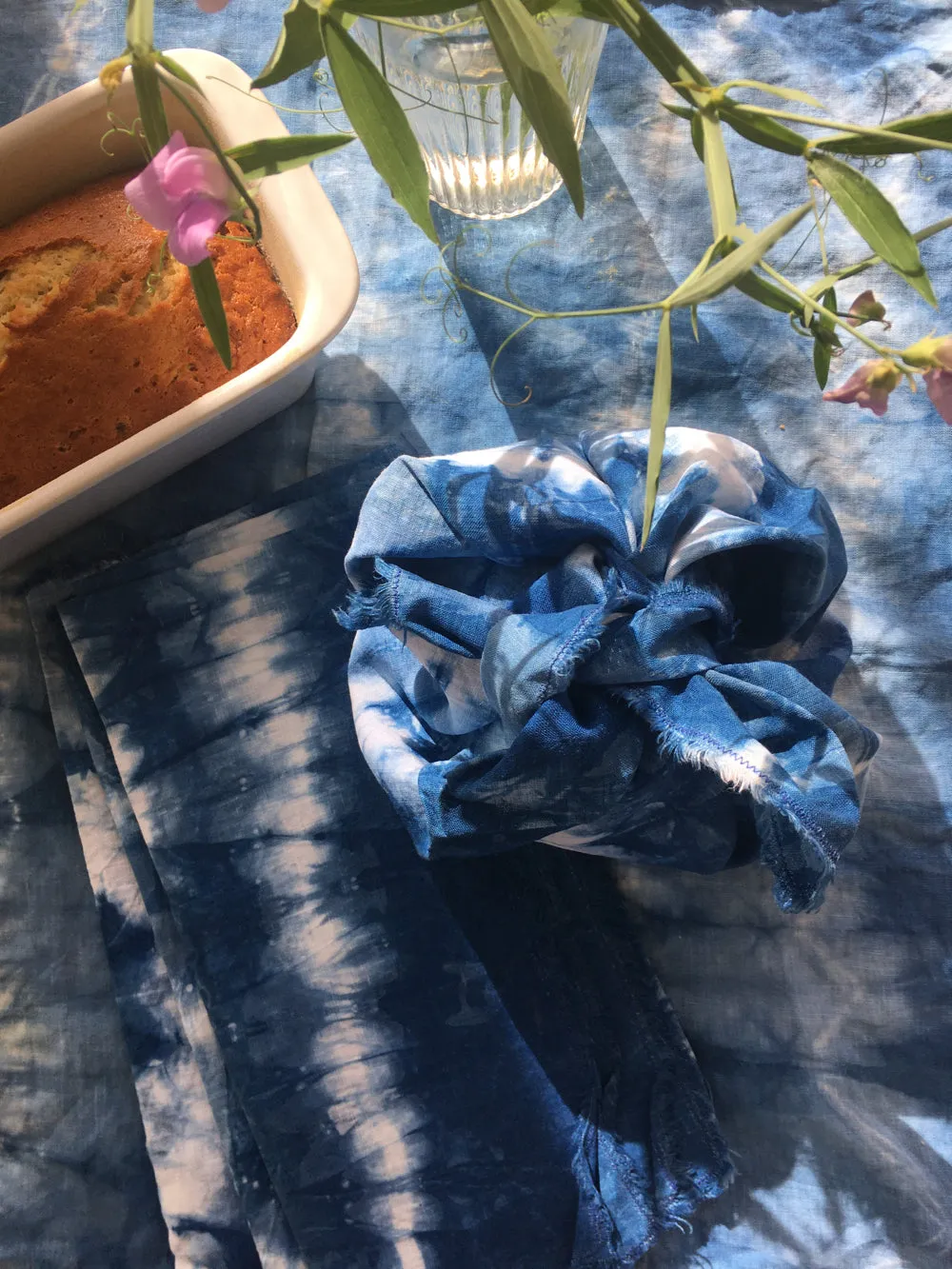 Iris' indigo tie-dyed lunch cloths