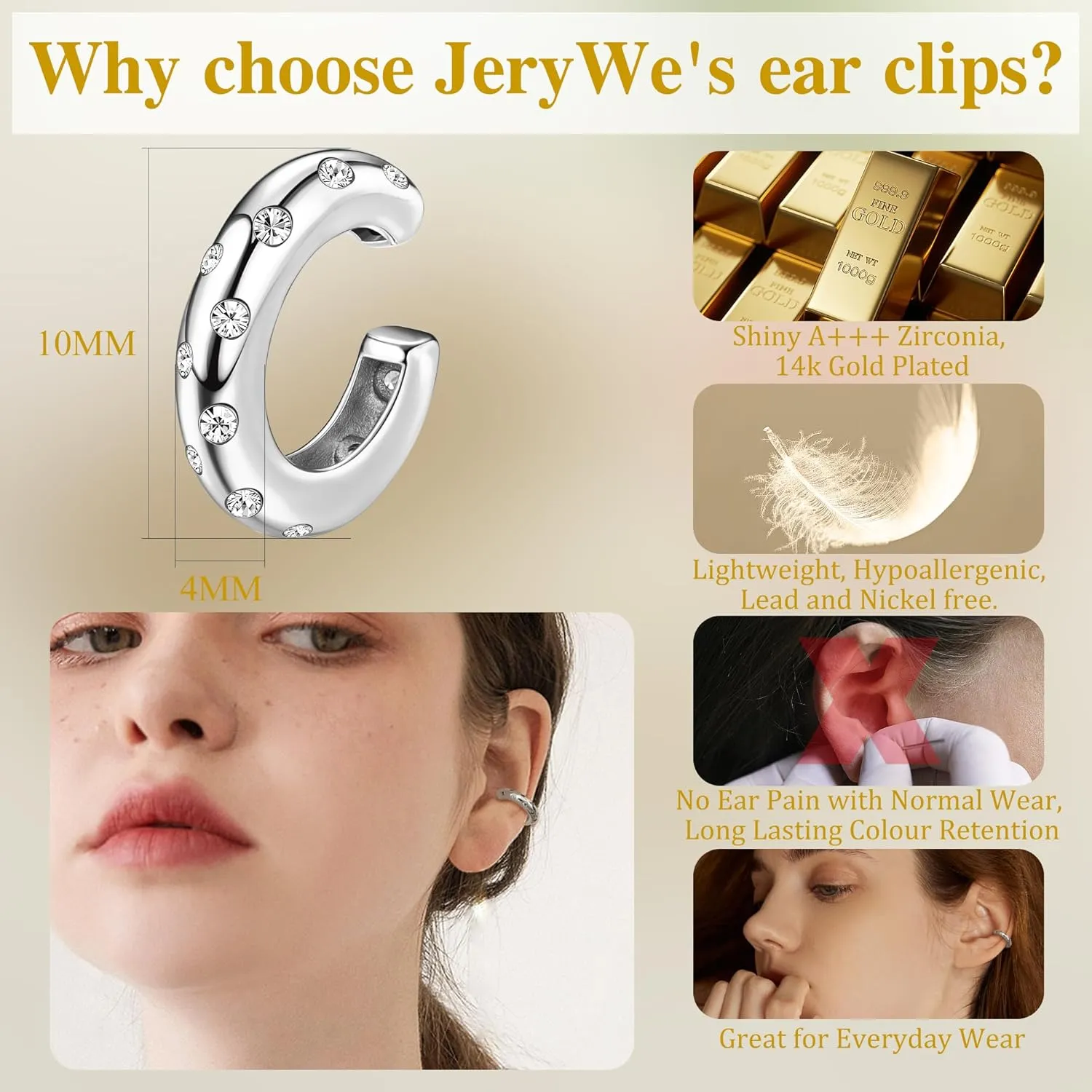 JeryWe Ear Cuff Earrings for Women Non Piercing - 14K Gold Plated Huggie Hoop, Clip On Elegant Ear Clips, Cartilage Wrap, Fashionable Fake Earring Cuffs for Non Pierced Ears 2PCS