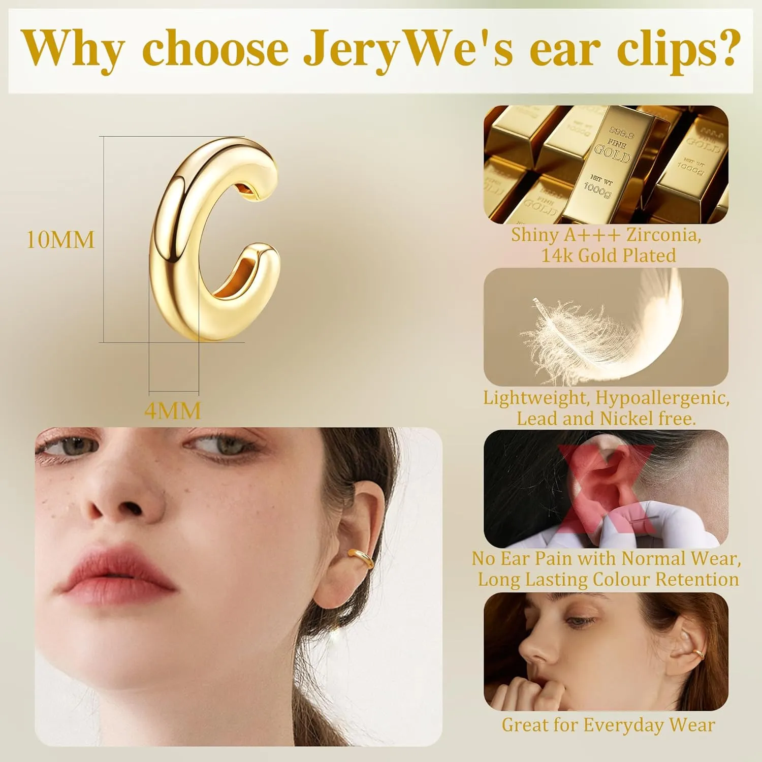 JeryWe Ear Cuff Earrings for Women Non Piercing - 14K Gold Plated Huggie Hoop, Clip On Elegant Ear Clips, Cartilage Wrap, Fashionable Fake Earring Cuffs for Non Pierced Ears 2PCS