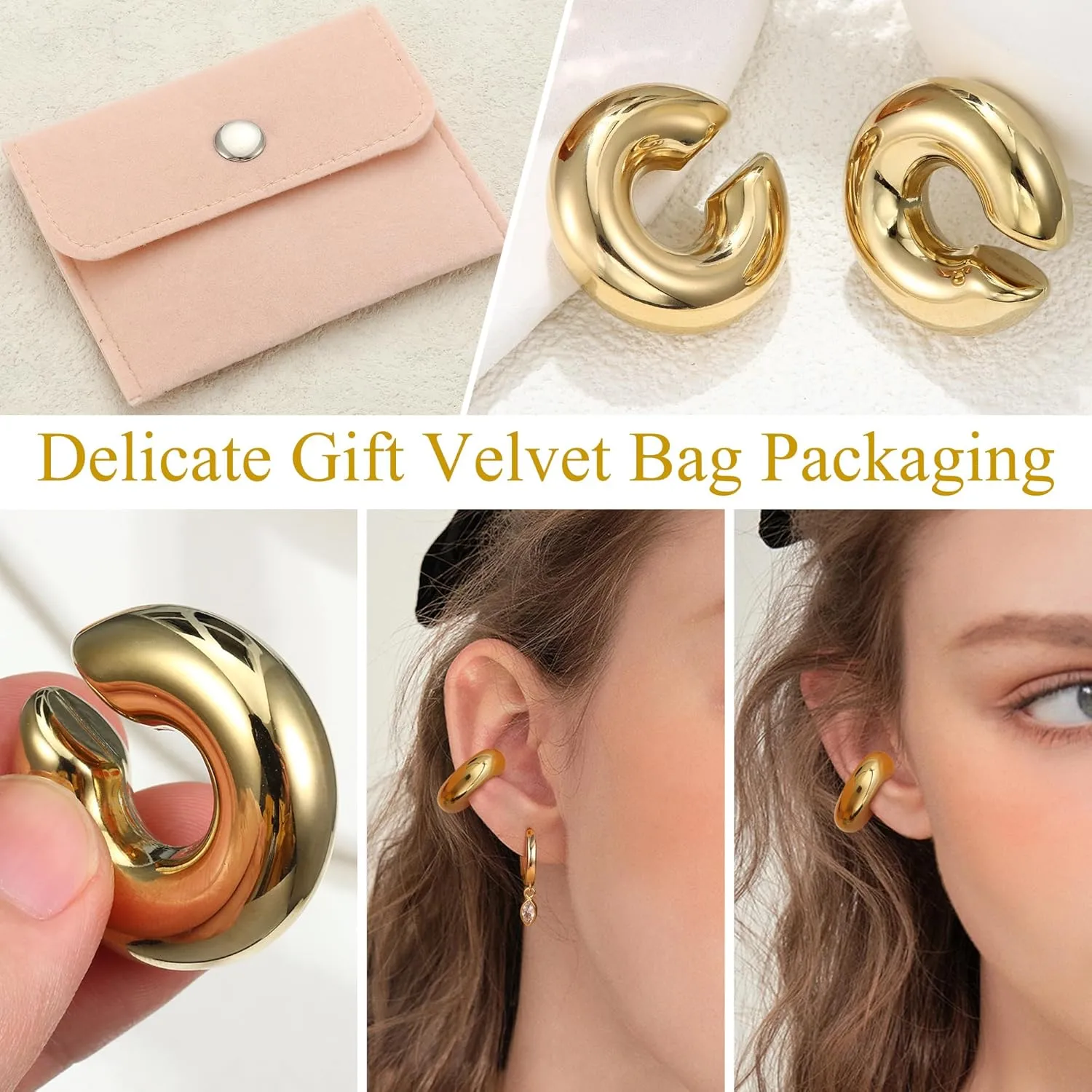 JeryWe Ear Cuff Earrings for Women Non Piercing - 14K Gold Plated Huggie Hoop, Clip On Elegant Ear Clips, Cartilage Wrap, Fashionable Fake Earring Cuffs for Non Pierced Ears 2PCS