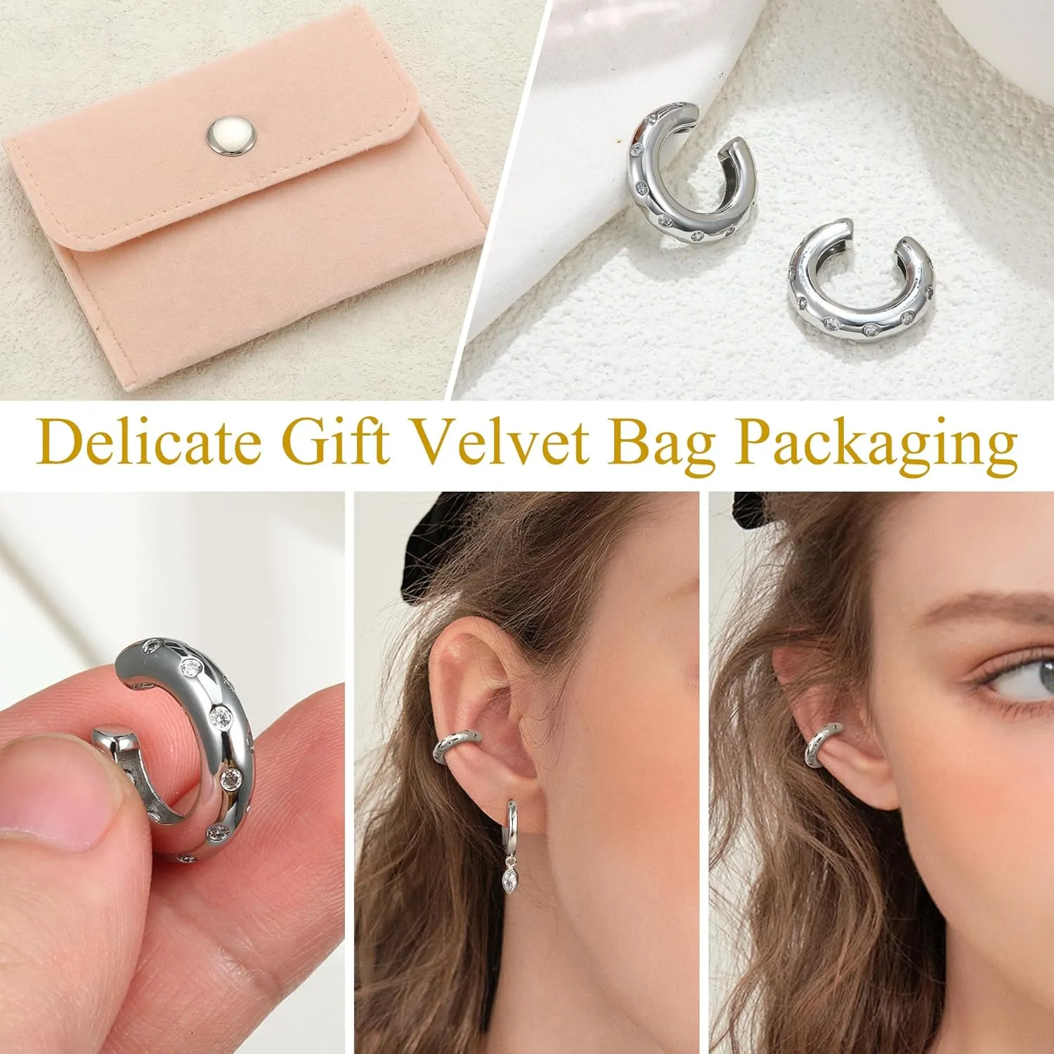JeryWe Ear Cuff Earrings for Women Non Piercing - 14K Gold Plated Huggie Hoop, Clip On Elegant Ear Clips, Cartilage Wrap, Fashionable Fake Earring Cuffs for Non Pierced Ears 2PCS