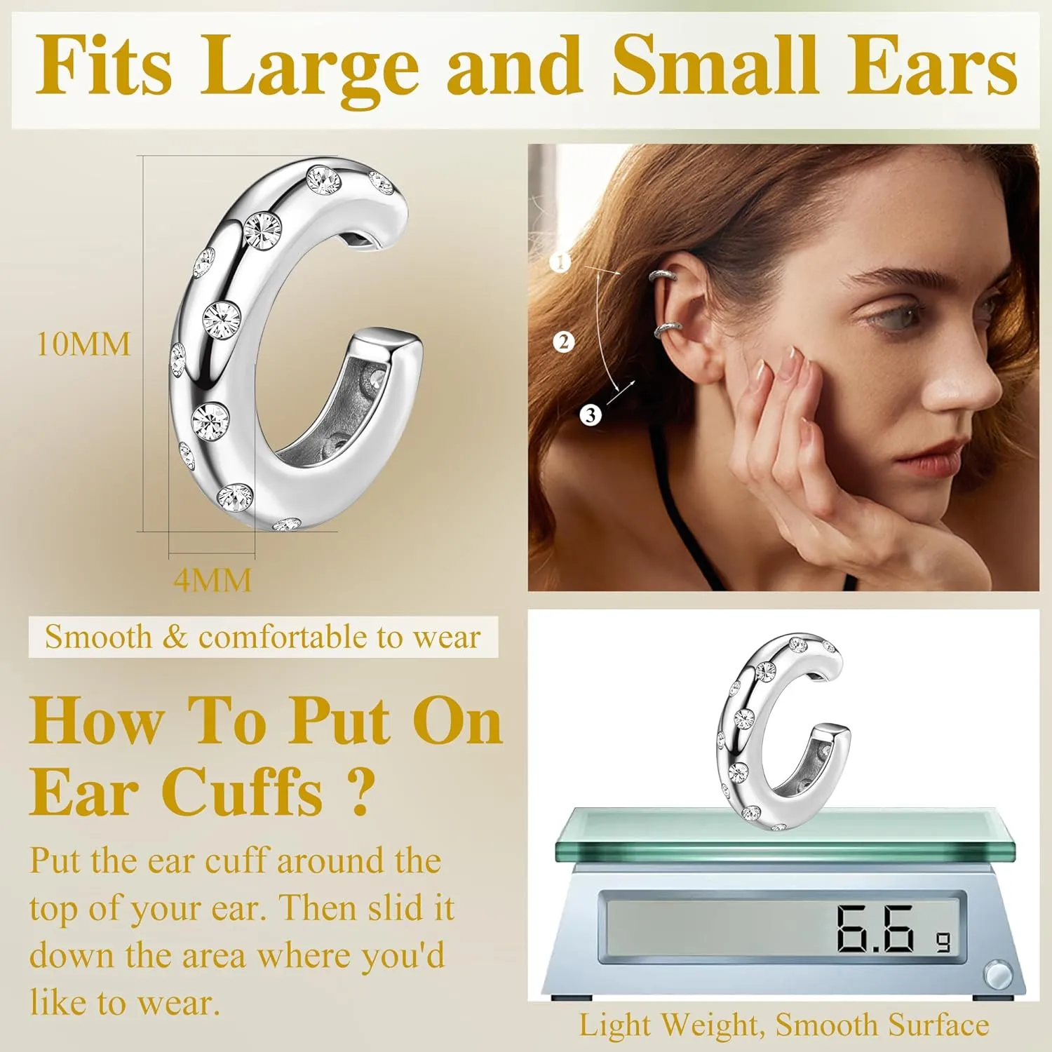 JeryWe Ear Cuff Earrings for Women Non Piercing - 14K Gold Plated Huggie Hoop, Clip On Elegant Ear Clips, Cartilage Wrap, Fashionable Fake Earring Cuffs for Non Pierced Ears 2PCS