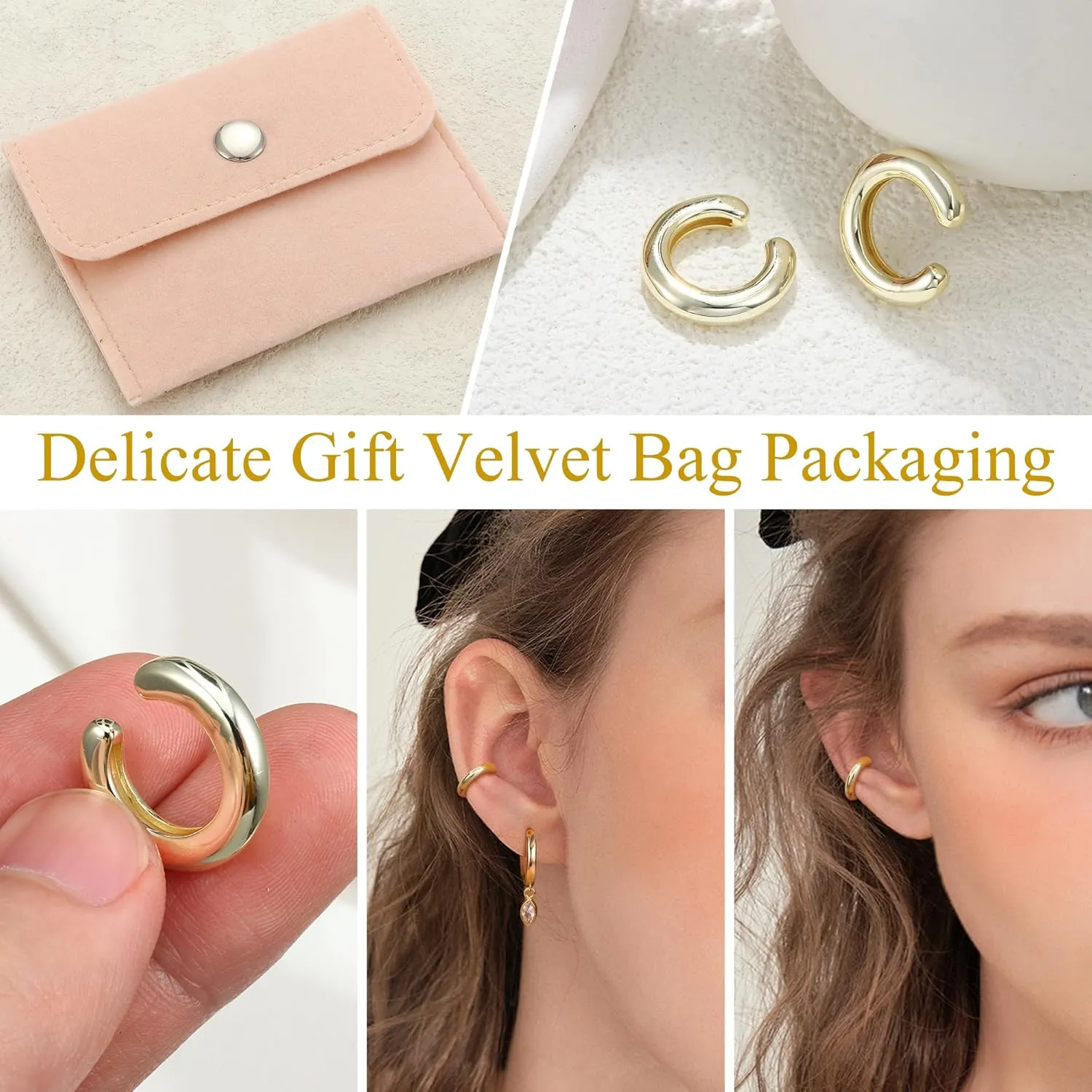JeryWe Ear Cuff Earrings for Women Non Piercing - 14K Gold Plated Huggie Hoop, Clip On Elegant Ear Clips, Cartilage Wrap, Fashionable Fake Earring Cuffs for Non Pierced Ears 2PCS
