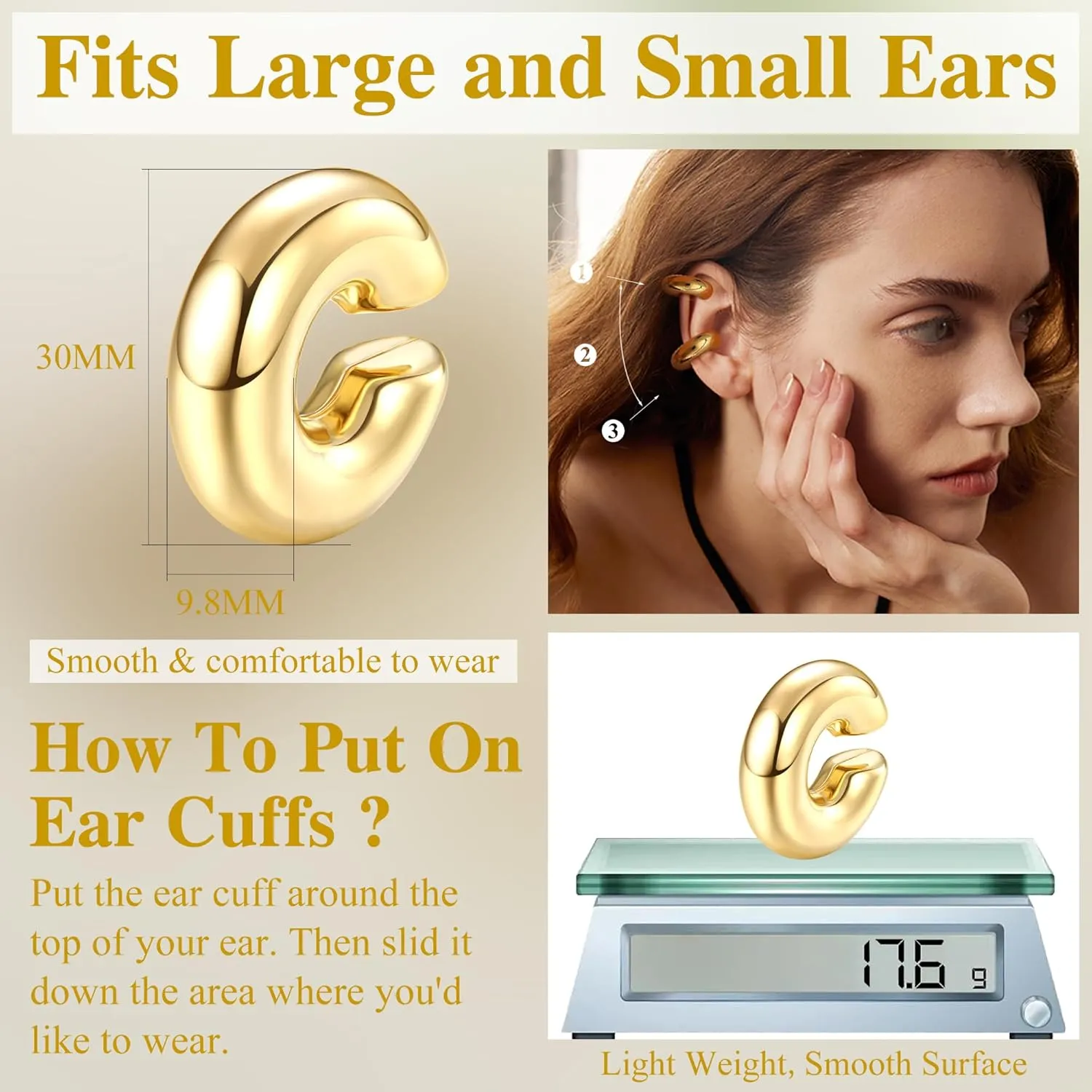 JeryWe Ear Cuff Earrings for Women Non Piercing - 14K Gold Plated Huggie Hoop, Clip On Elegant Ear Clips, Cartilage Wrap, Fashionable Fake Earring Cuffs for Non Pierced Ears 2PCS