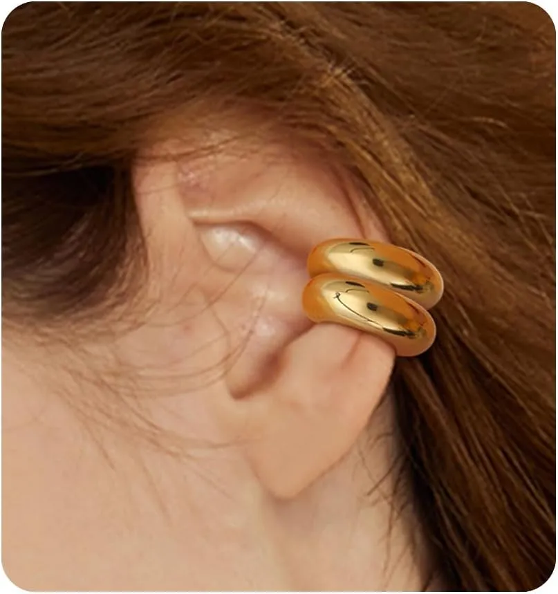 JeryWe Ear Cuff Earrings for Women Non Piercing - 14K Gold Plated Huggie Hoop, Clip On Elegant Ear Clips, Cartilage Wrap, Fashionable Fake Earring Cuffs for Non Pierced Ears 2PCS
