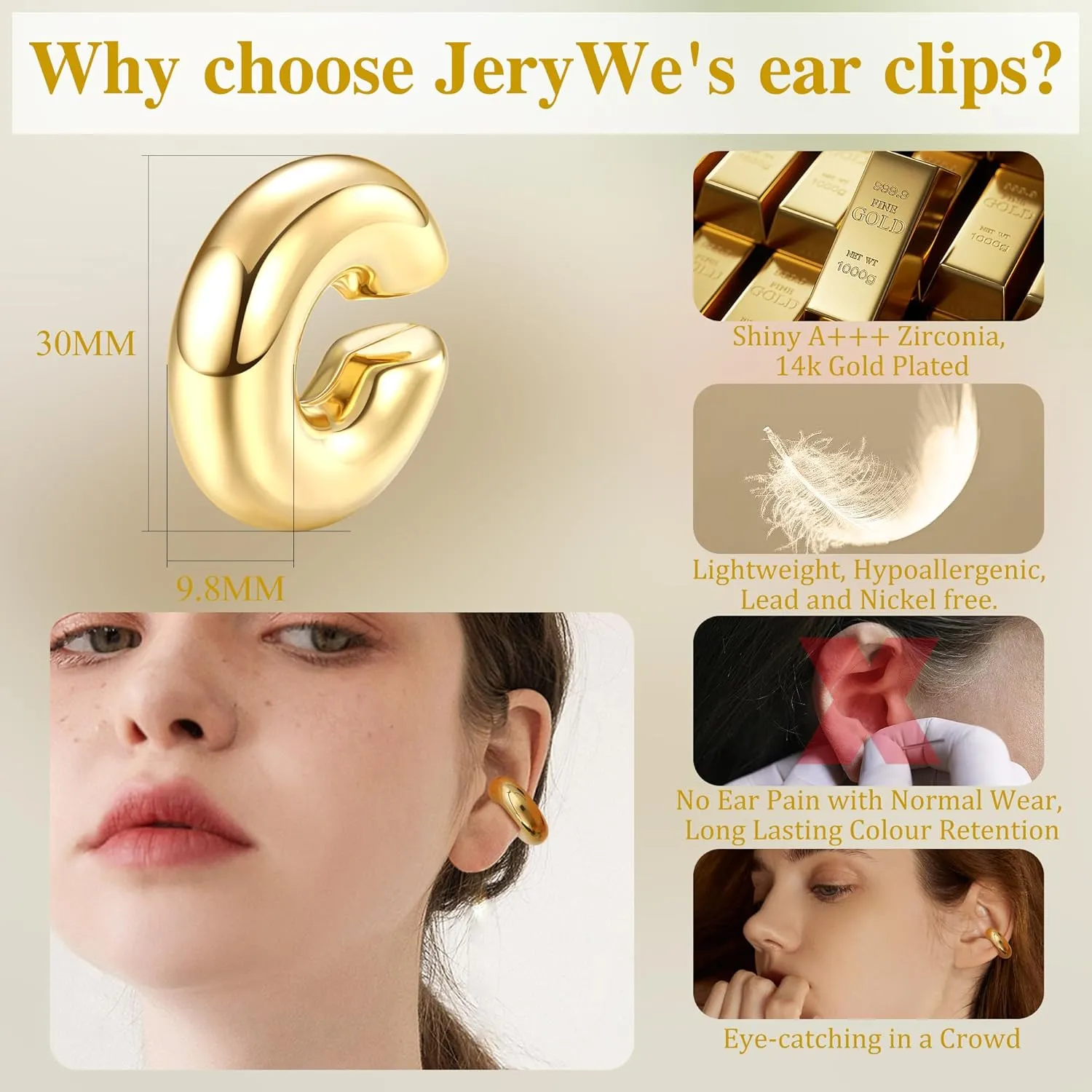 JeryWe Ear Cuff Earrings for Women Non Piercing - 14K Gold Plated Huggie Hoop, Clip On Elegant Ear Clips, Cartilage Wrap, Fashionable Fake Earring Cuffs for Non Pierced Ears 2PCS