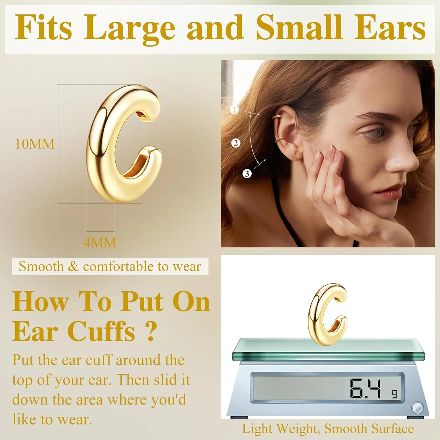 JeryWe Ear Cuff Earrings for Women Non Piercing - 14K Gold Plated Huggie Hoop, Clip On Elegant Ear Clips, Cartilage Wrap, Fashionable Fake Earring Cuffs for Non Pierced Ears 2PCS