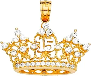JewelryWeb 14k Yellow Gold 15 Years CZ Simulated Diamond Crown Pendant Necklace 22x20mm-Pendant for Women
