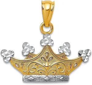JewelryWeb 14k Yellow Gold Polished and Rhodium Crown Pendant Necklace 18x20mm Wide-Pendant for Women