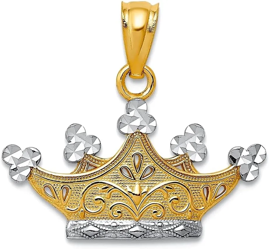 JewelryWeb 14k Yellow Gold Polished and Rhodium Crown Pendant Necklace 18x20mm Wide-Pendant for Women
