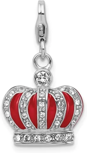JewelryWeb 925 Sterling Silver Polished Fancy Lobster Closure Crystal and Red Enamel Crown With-Lobster Charm 26x15mm Pendant Necklace for Women
