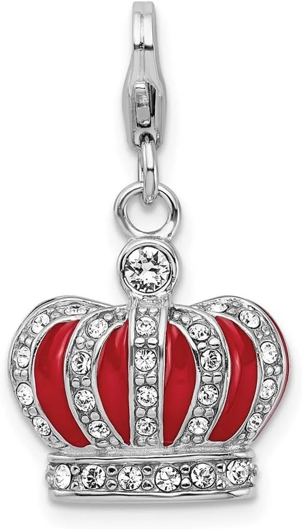 JewelryWeb 925 Sterling Silver Polished Fancy Lobster Closure Crystal and Red Enamel Crown With-Lobster Charm 26x15mm Pendant Necklace for Women