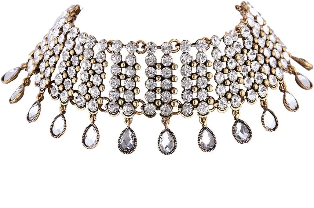 Jinberry Rhinestone Choker with Drop Shape Pendants, Elegant Adjustable Necklace