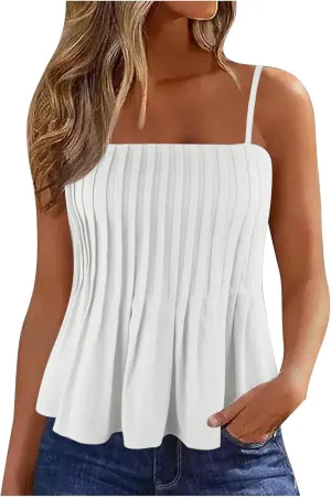 jsaierl Women's Boho Vacation Beach Camisole Tops Fashion Pleated Sleeveless T Shirt Summer Flowy Spaghetti Strap Tank Top