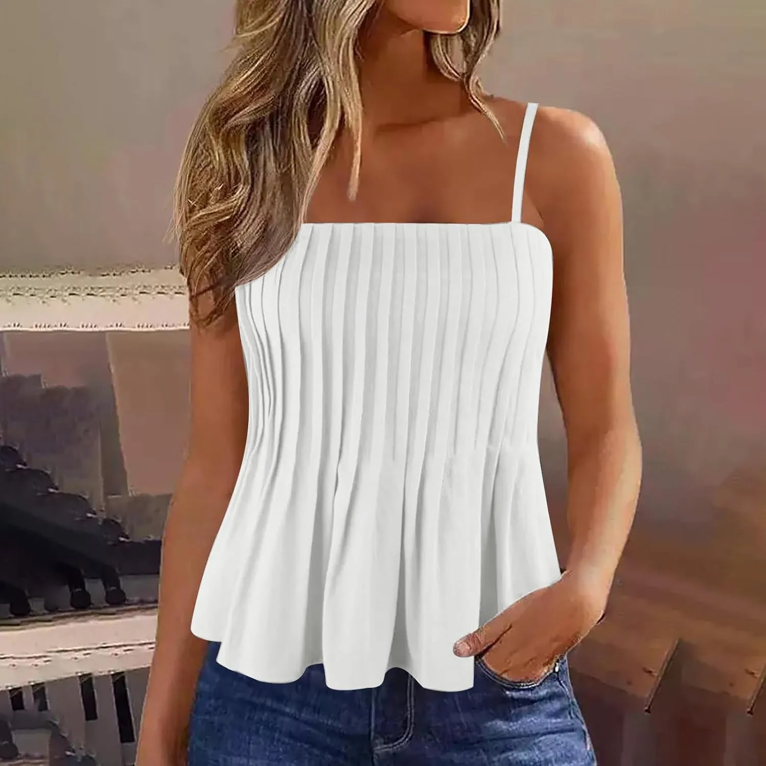 jsaierl Women's Boho Vacation Beach Camisole Tops Fashion Pleated Sleeveless T Shirt Summer Flowy Spaghetti Strap Tank Top