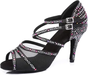 JUODVMP Ballroom Dance Shoes Women Latin Dance Shoes with Rhinestone