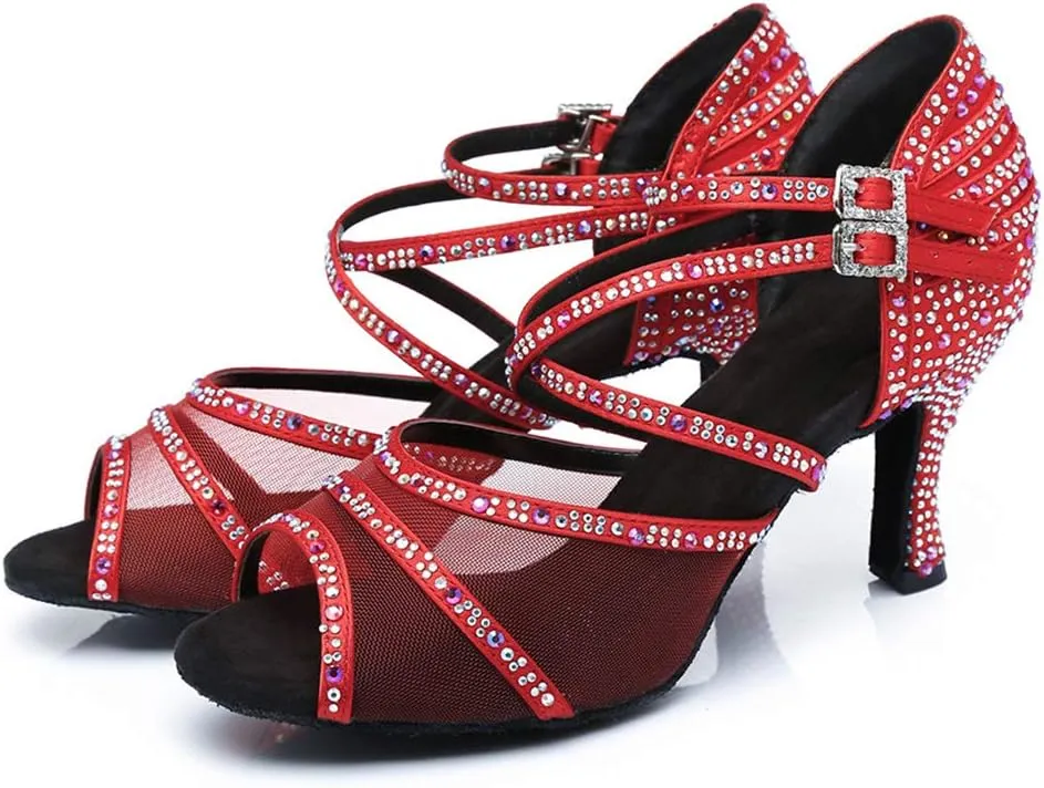 JUODVMP Ballroom Dance Shoes Women Latin Dance Shoes with Rhinestone