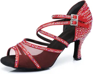 JUODVMP Ballroom Dance Shoes Women Latin Dance Shoes with Rhinestone