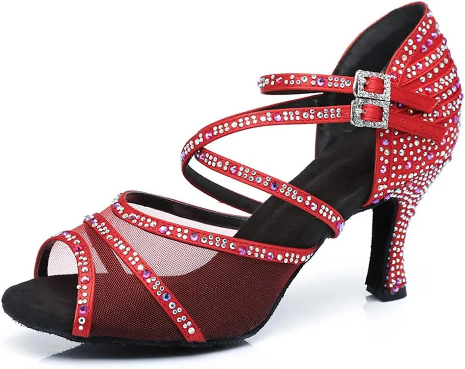 JUODVMP Ballroom Dance Shoes Women Latin Dance Shoes with Rhinestone