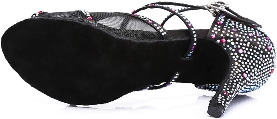 JUODVMP Ballroom Dance Shoes Women Latin Dance Shoes with Rhinestone