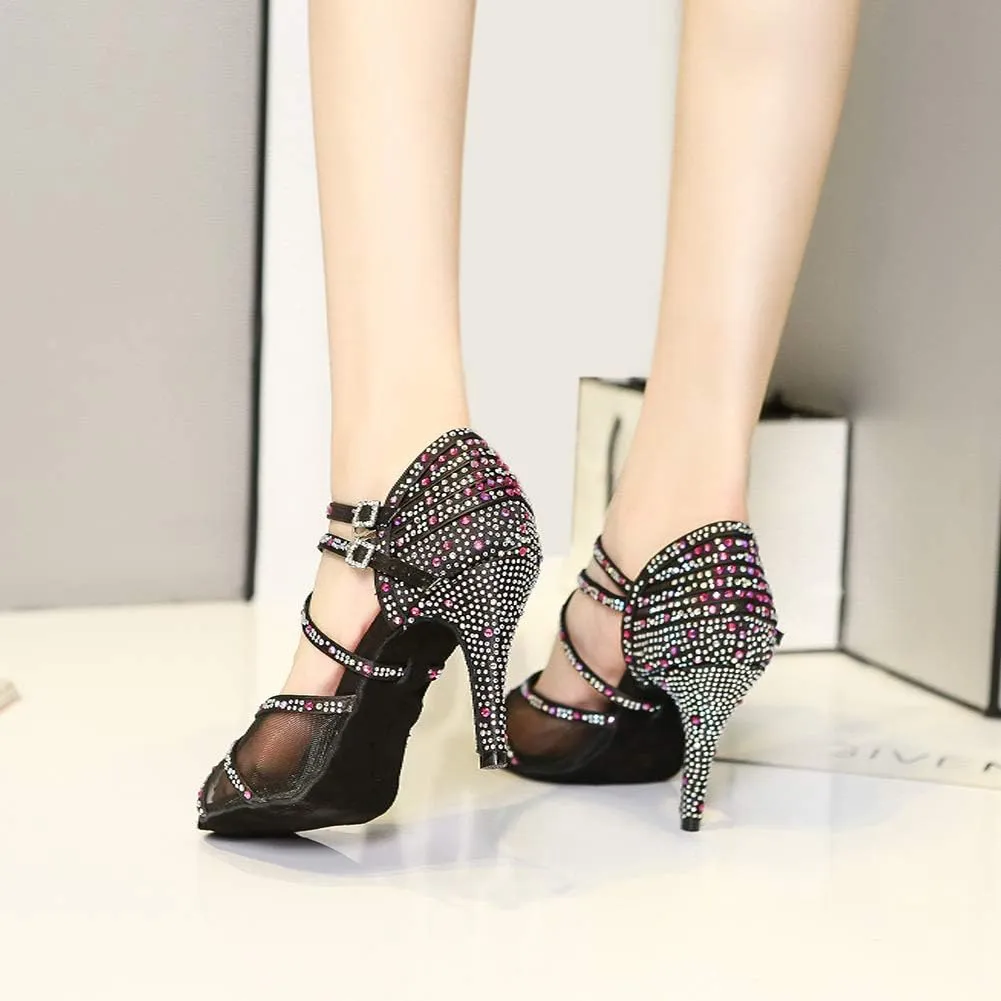 JUODVMP Ballroom Dance Shoes Women Latin Dance Shoes with Rhinestone